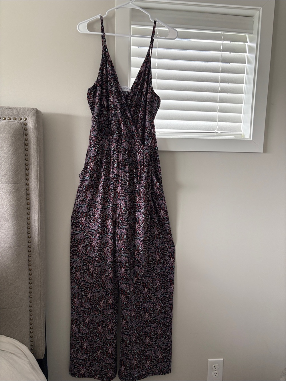 Women's Floral Spaghetti-Strap Jumpsuit in Black & Pink with tie at waist